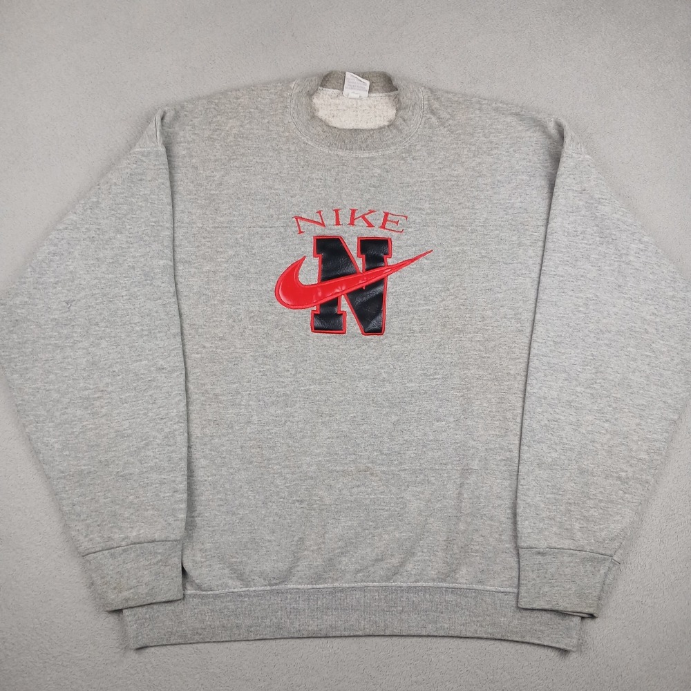Nike Sweatshirt Men XL Gray Vintage 90s Made in USA Faux Leather Swoosh Pullover